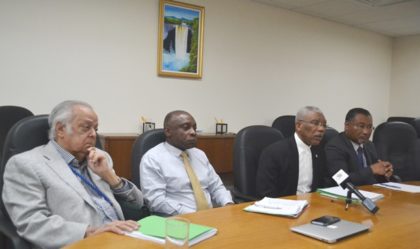 The panel from left: Sir Shridath Ramphal, Minister of Foreign Affairs, Mr. Carl Greenidge, President David Granger and Guyana's Permanent Representative to the UN, Ambassador Rudolph Michael Ten-Pow