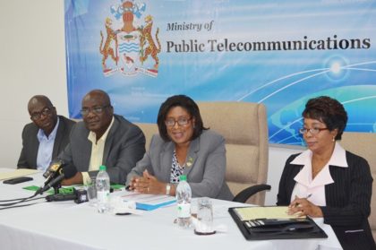 Minister of Public Telecommunications Cathy Hughes addressing media operatives. To her far right is Clement Henry, Project Manager of the Citizens Security Strengthening Programme, to her immediate right, Floyd Levi, Project Manager – E- Governance Project and to her left Marjorie Chester, Public Relations Officer of the Ministry of Public Telecommunications