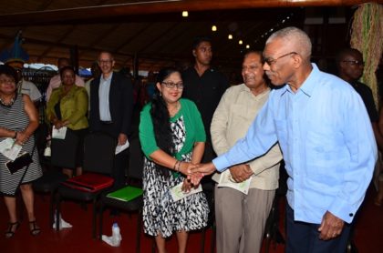President David Granger greeting Prime Minister Moses Nagamootoo and Wife Mrs. Seeta Nagamootoo at the Launch of Indigenous Heritage Month at the Heritage Village, Sophia Complex