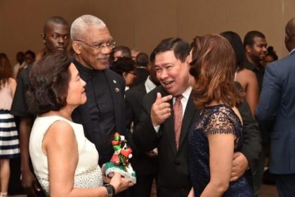 President David Granger and First Lady, Mrs. Sandra Granger toast to the Anniversary of Mexico with the Mexican Ambassador to Guyana, His Excellency, Ivan Roberto Sierra-Medel and his wife, Ms. Norma Alizia de la Torre Diaz