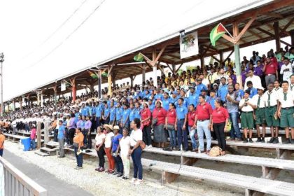 A section of the crowd at the D’urban Park singing the national song "Let Us Cooperate for Guyana”