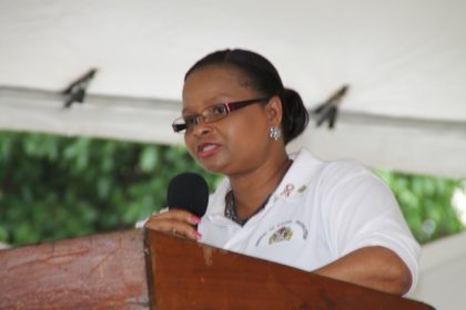 Minister of Social Protection Volda Lawrence delivering remarks at the Child Protection rally in Linden