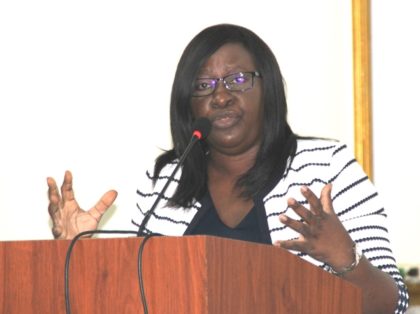 Minister within the Ministry of Public Health, Dr. Karen Cummings giving brief remarks at the opening of the Regional Health Officers second meeting for 2016