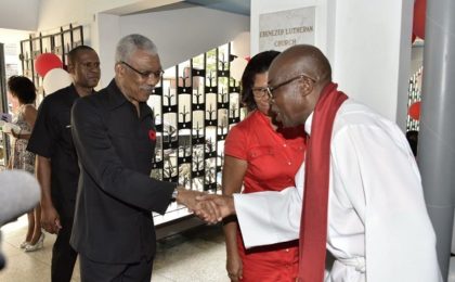 President David Granger is welcomed by Reverend Leroy Nicholson, President, Evangelical Lutheran Church of Guyana, upon his arrival this morning
