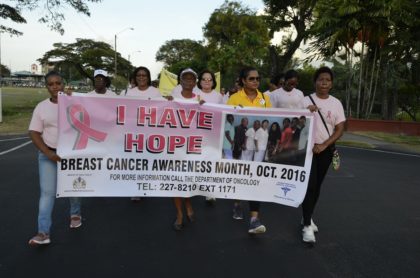First Lady, Mrs. Sandra Granger (second row, centre) participating in the Breast Cancer Awareness walk, held this morning by the Ministry of Public Health and other stakeholders. Minister of Public Telecommunications and Member of Parliament, Mrs. Catherine Hughes is also pictured in the second row, second left
