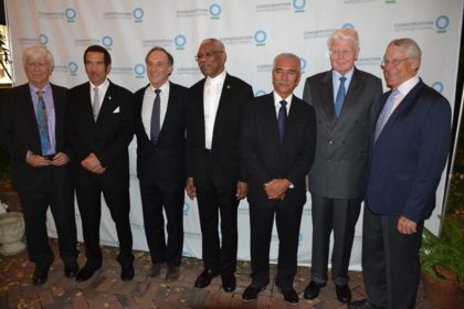 from left- Mr. Russell Mittermeier, Ph.D., Executive Vice Chair, Conservation International, President Ian Khama of Botswana, Chairman, Chief Executive Officer and Co-founder of Conservation International, Mr. Peter Seligmann, President David Granger,  former President Anote Tong of Kiribati, former President Olafur Ragnar Grimsson of Iceland and Chairman of the Executive Committee, Mr. Rob Walton