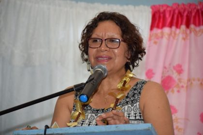 Minister within the Ministry of Indigenous Peoples Affairs, Valerie Garrido-Lowe speaking to the youths who graduated from the Warrau Language project