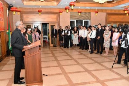President David Granger addressing the gathering at the celebration held in honour of the 67th anniversary of the founding of the People's Republic of China, at the Chinese Embassy in Guyana, earlier this evening. 