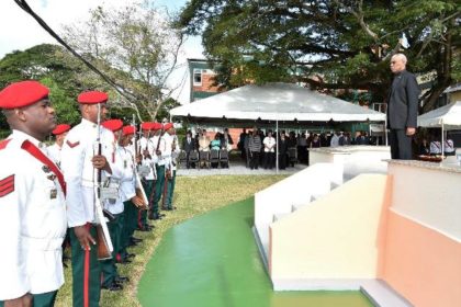 President David Granger takes the Presidential salute from the ranks of the Guyana Defence Force, upon his arrival at the event held earlier this morning. 
