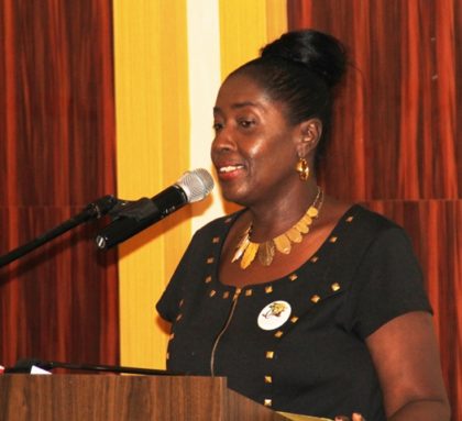 Minister within the Ministry of Communities, Valerie Adams-Patterson dueing brief remarks at the closing of the workshop at Pegasus, Georgetown.