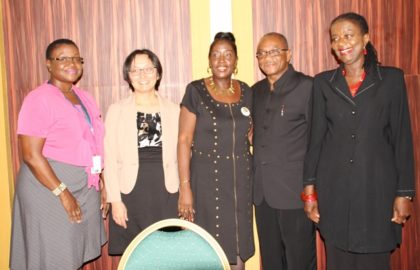 Minister within the Ministry of Communities, Valerie Adams-Patterson,  United Nations Population Fund Regional Representative, Patrice La Fleur and National Director of the NCDC Eugene Gilbert, at the closing of the workshop at Pegasus, Georgetown.