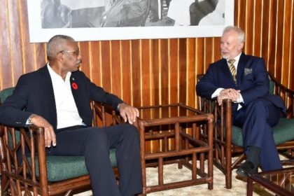 President David Granger and Ambassador of Sweden to Guyana, Mr. Claes Hammar, in discussions, earlier today, at the Ministry of the Presidency