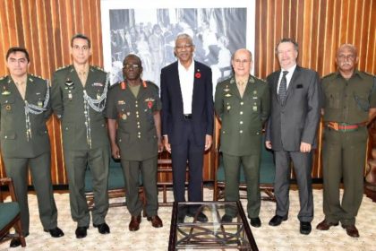From left: Colonel Emerson DaSilva, Colonel Oswaldo DaSilva, Chief of Staff of the Guyana Defence Force, Brigadier George Lewis, President David Granger, Military Commander of the North of the Brazilian Armed Forces, General Carlos Alberto Neiva Barcellos, Brazilian Ambassador to Guyana, Mr. Lineu Pupo De Paula and Major Meer Khan of the GDF.  