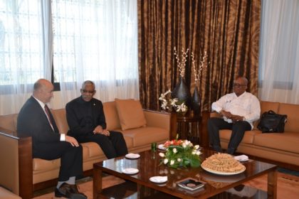 President David Granger in discussion with Mr. Anis Birou, Minister of Moroccan Community Abroad and Immigration affairs at the Mohammed V International Airport in Casablanca.