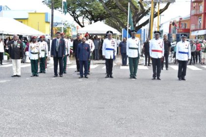Minister of Foreign Affairs, Carl Greenidge,performing the duties of President, taking the salute at the Remembrance Day parade after the laying of wreaths at the Cenotaph. 