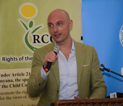 United Nations Children’s Fund (UNICEF) representative, Paolo Marchi speaking at the CRC children’s workshop at Herdmanston Lodge
