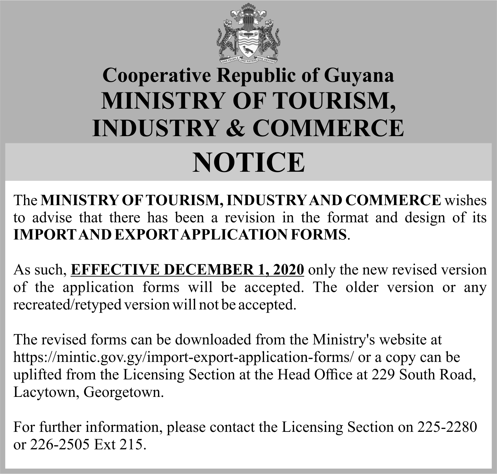 Ministry of Tourism – Notice
