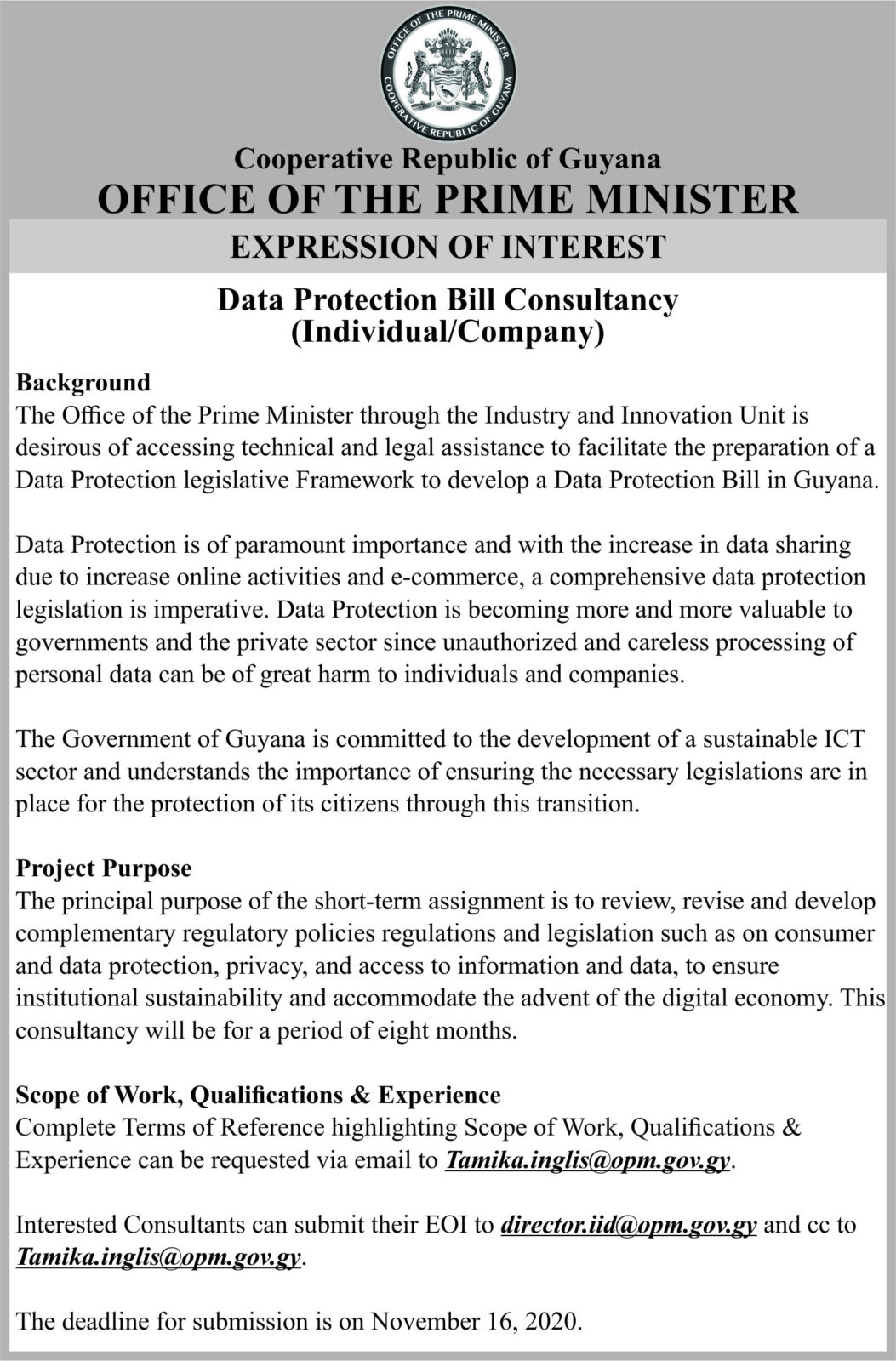 Office of the Prime Minister – EOI Revised