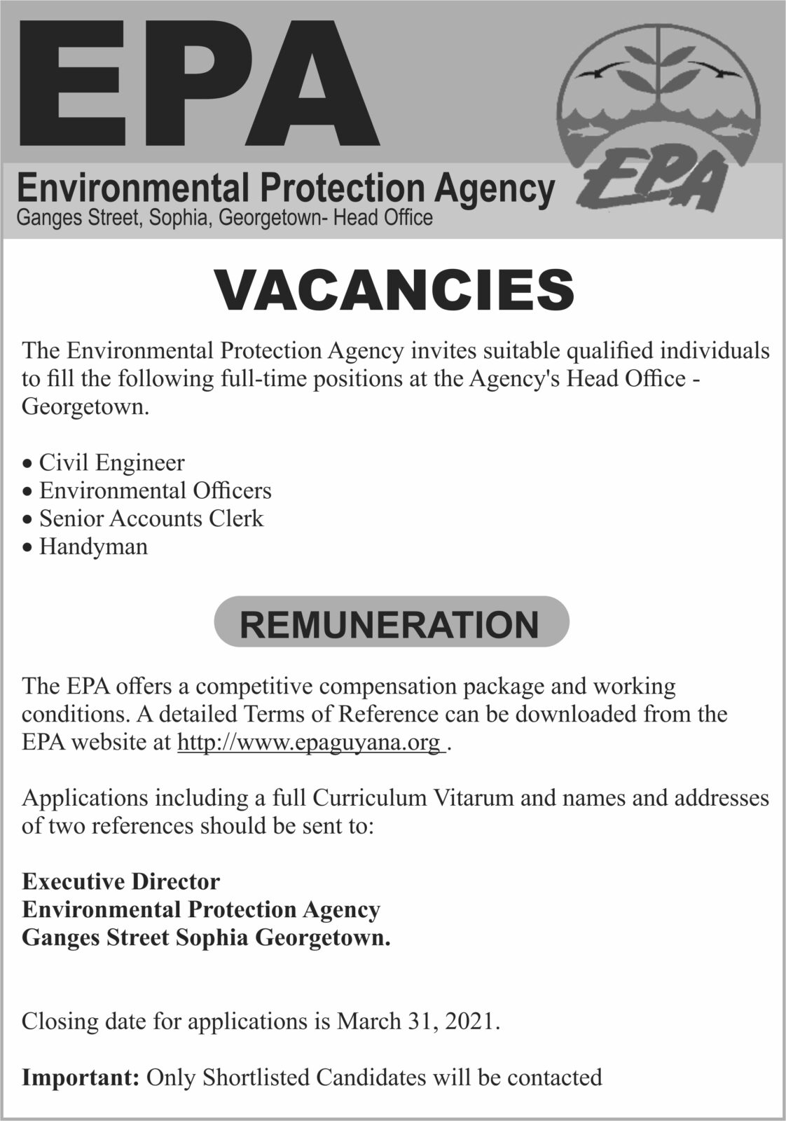 Environmental Protection Agency Vacancies Department of Public