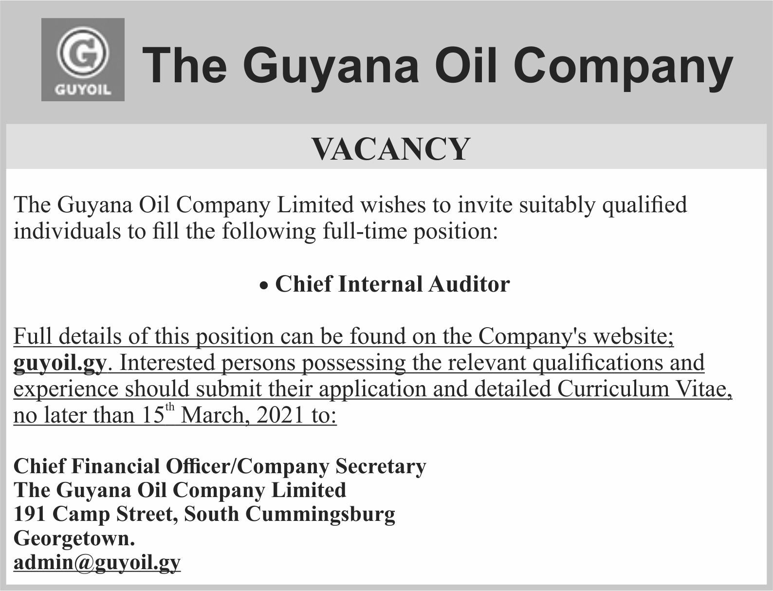 Guyana Oil Company Vacancy Department of Public Information, Guyana