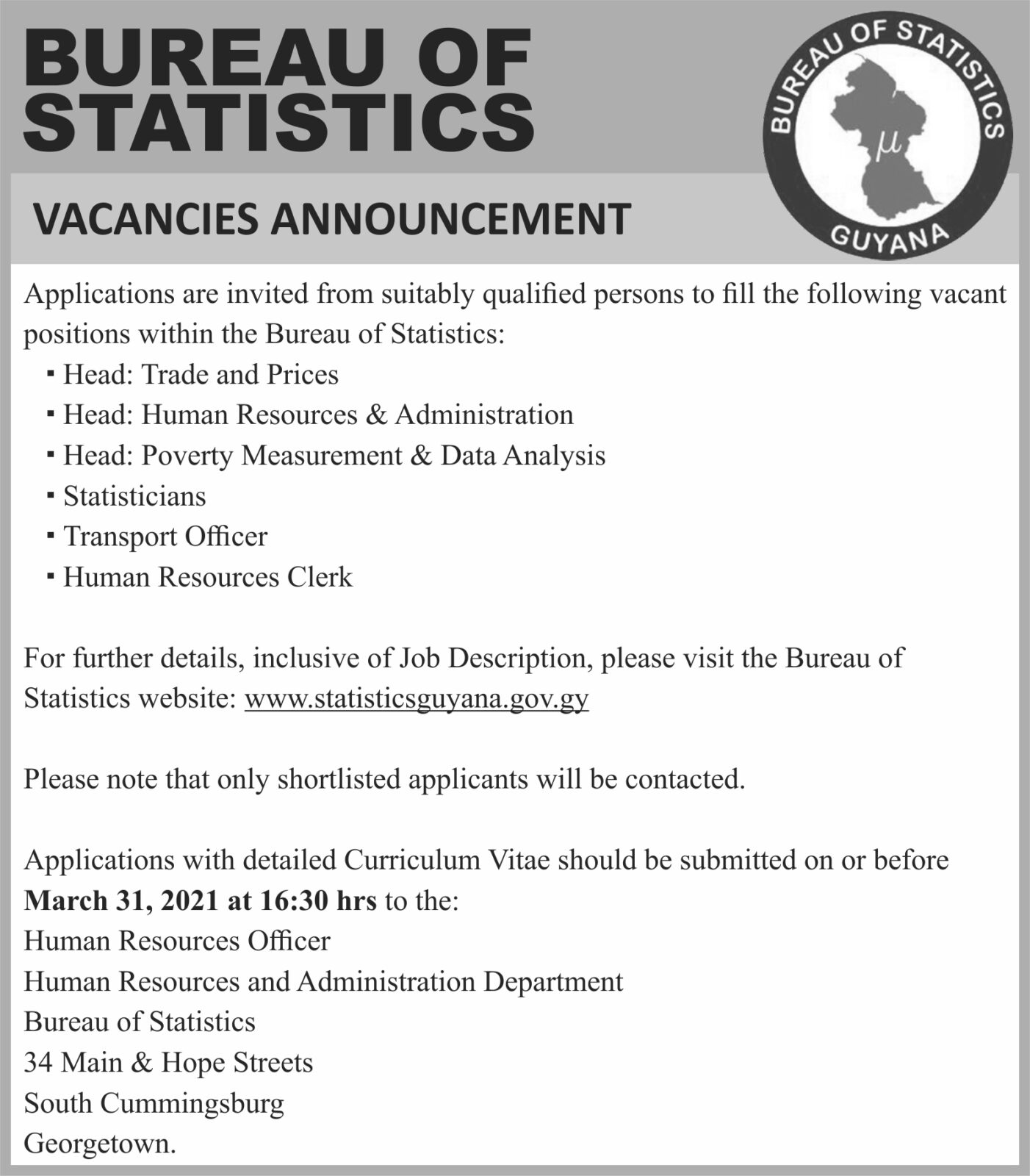 Bureau of Statistics Vacancies Announcement Department of Public