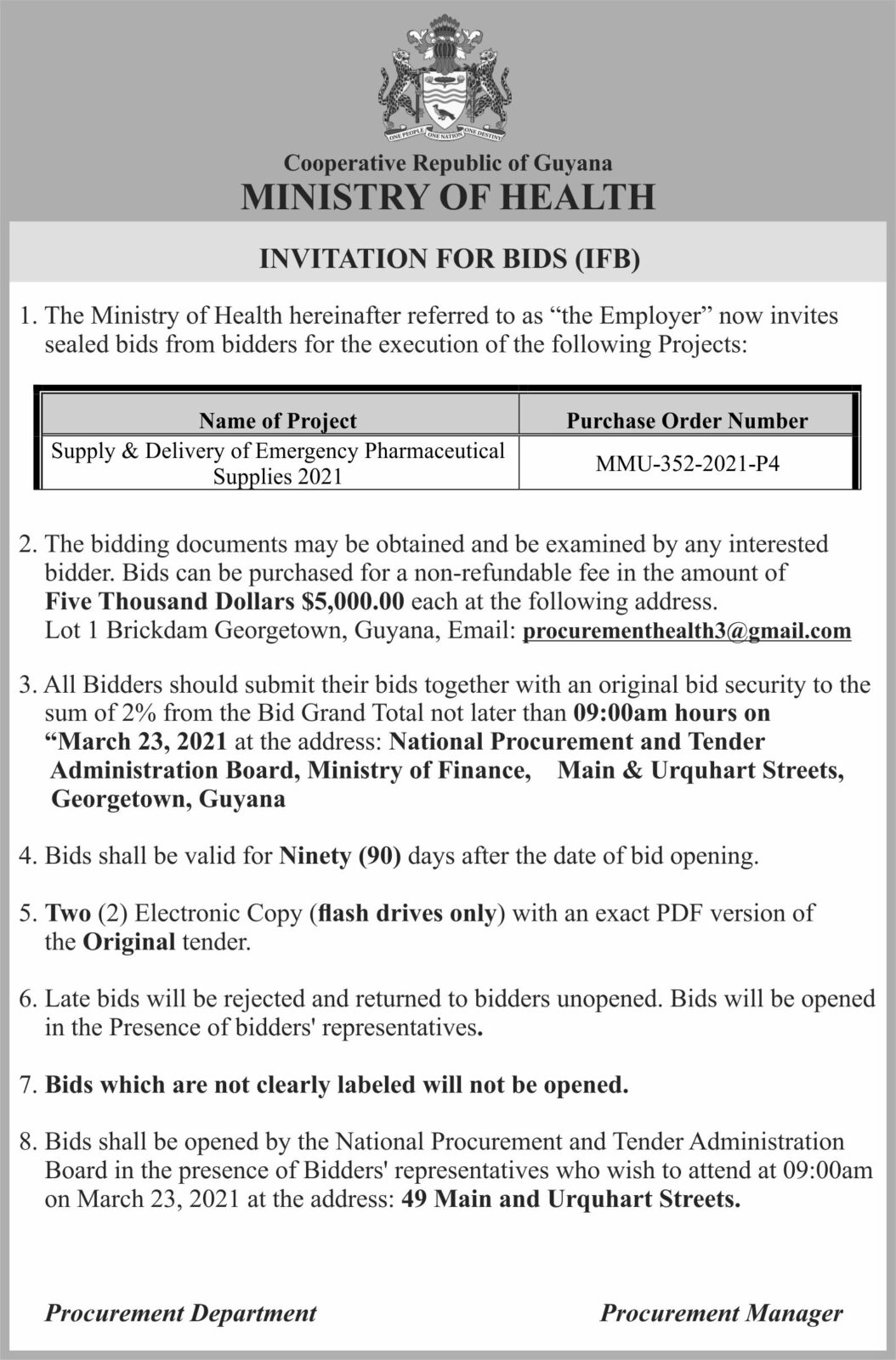 Ministry of Health IFB Supply and Delivery of Emergency Pharmaceutical Supplies 2021