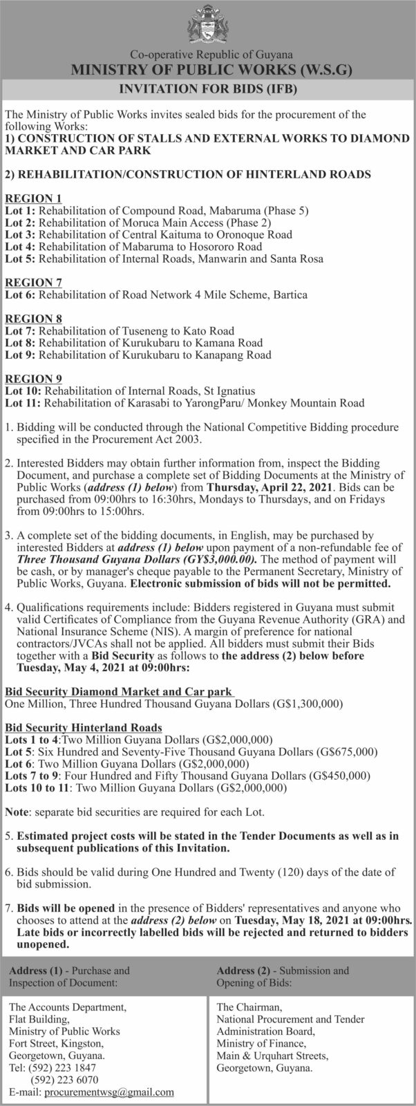 Ministry of Public Works IFB; Construction and Rehabilitation