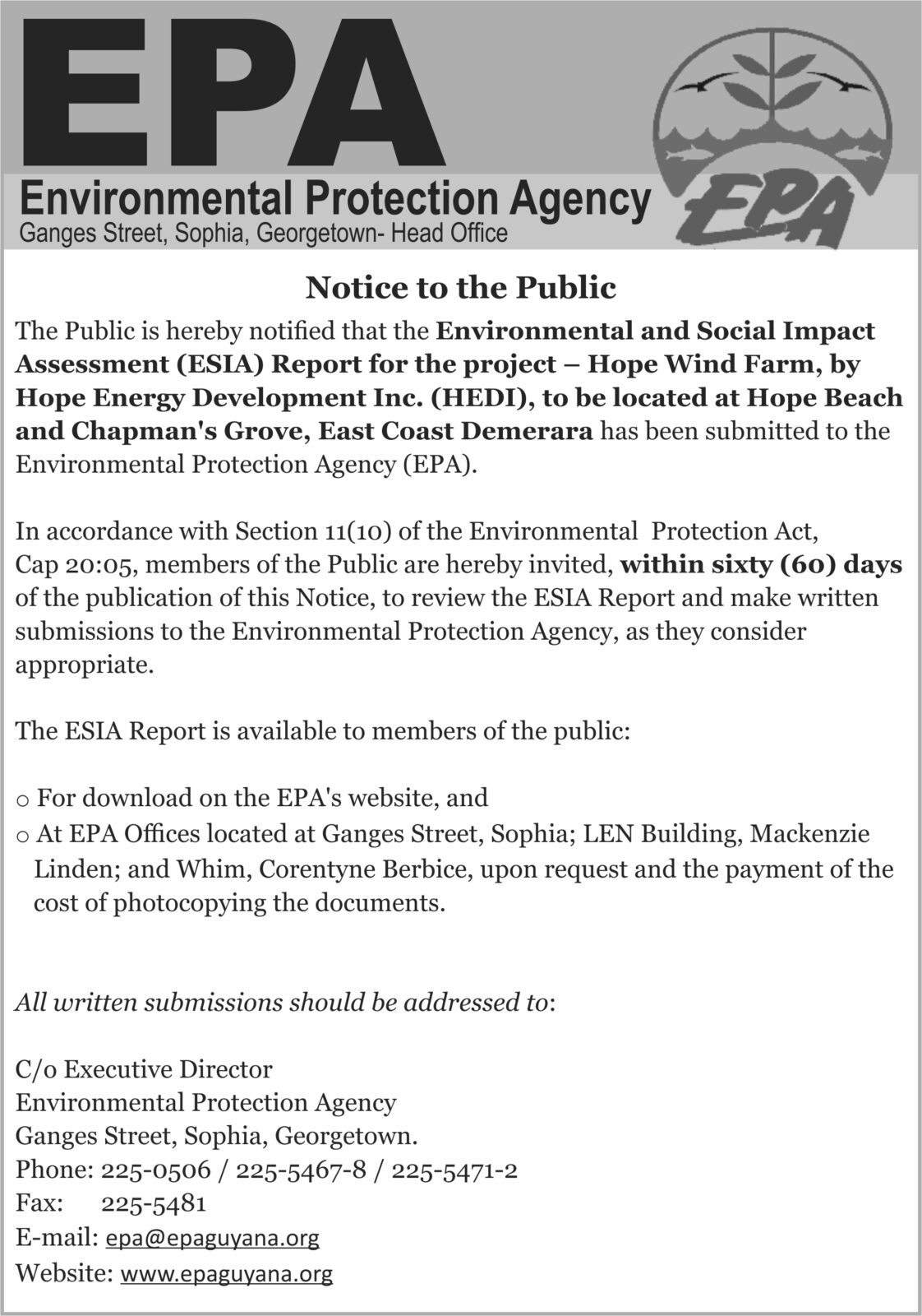 Environmental Protection Agency (EPA) – Notice – Department of Public ...