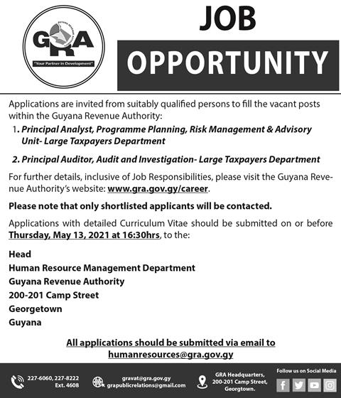 Guyana Revenue Authority – Vacancy – Principal Analyst – Department of