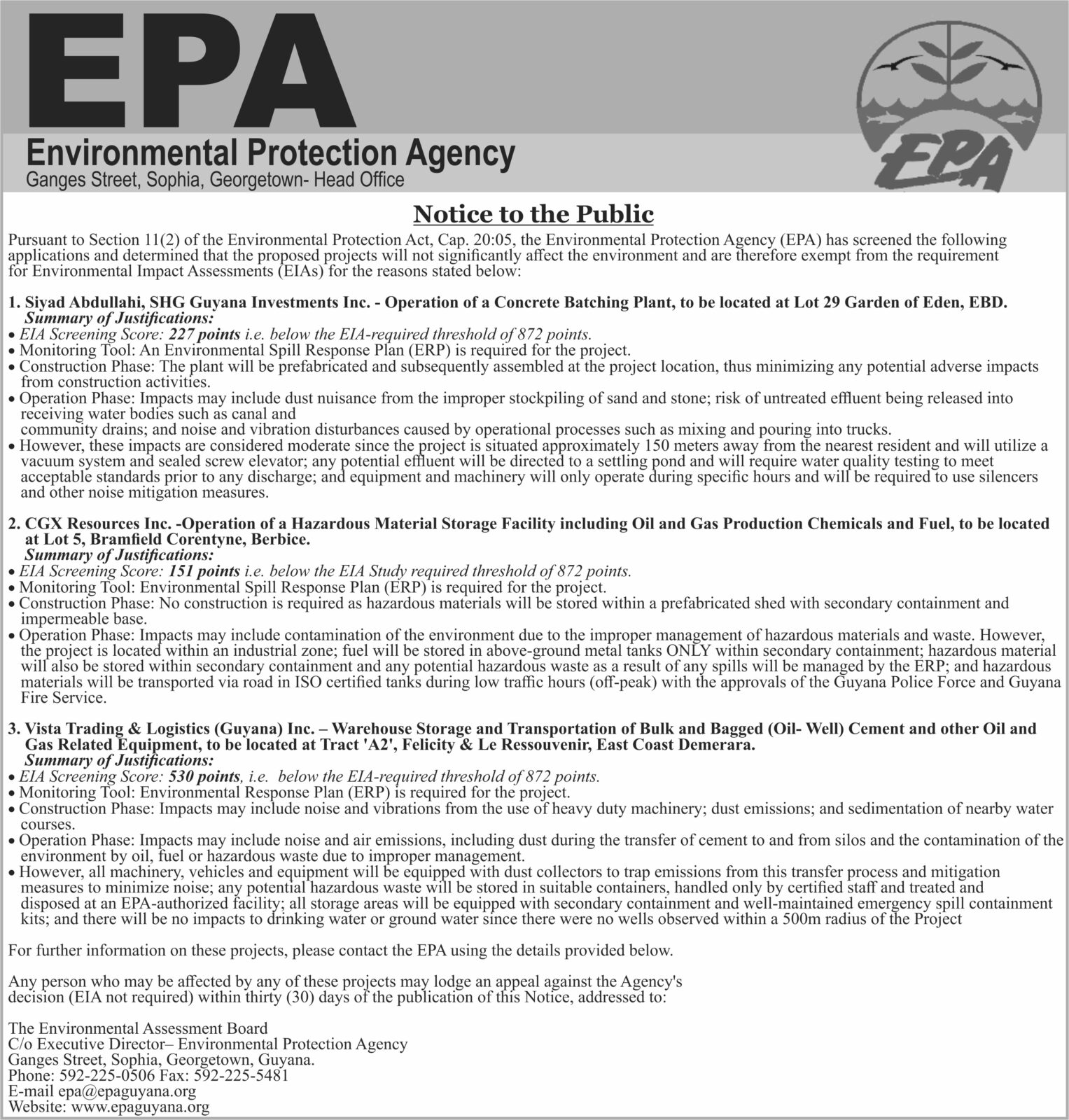 Environmental Protection Agency – Notice – Department of Public