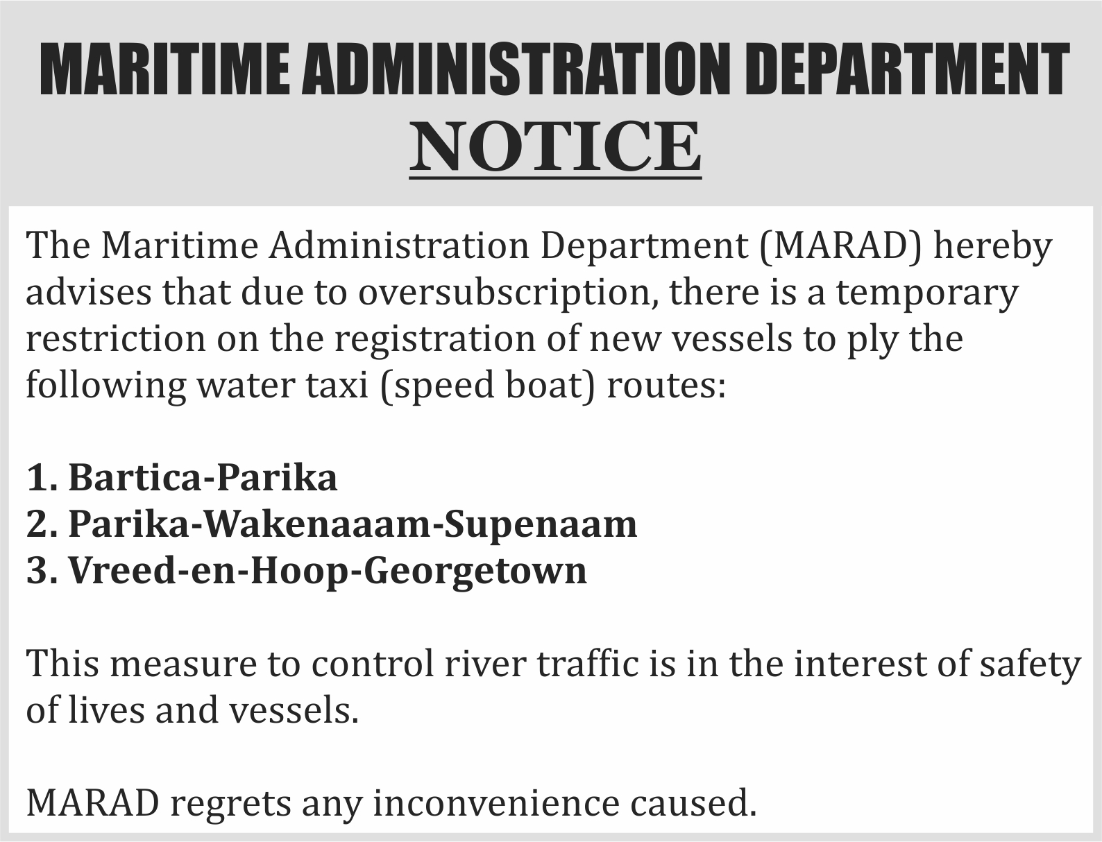 Maritime Administration Department – Notice – Department of Public