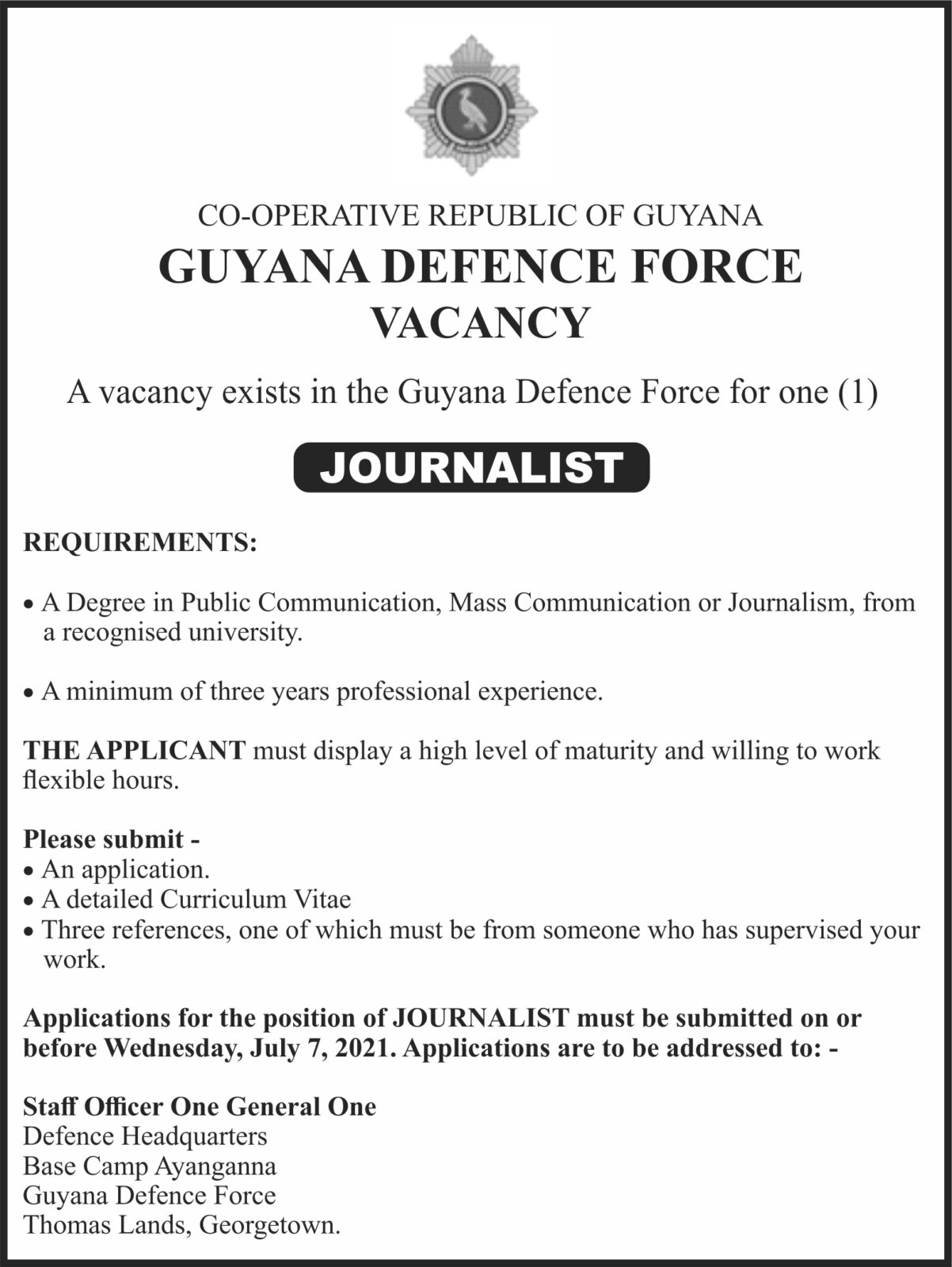 Guyana Defence Force Vacancy Department of Public Information