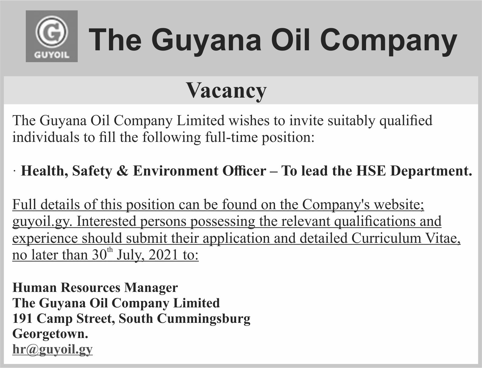 Guyana Oil Company Vacancy Department of Public Information, Guyana