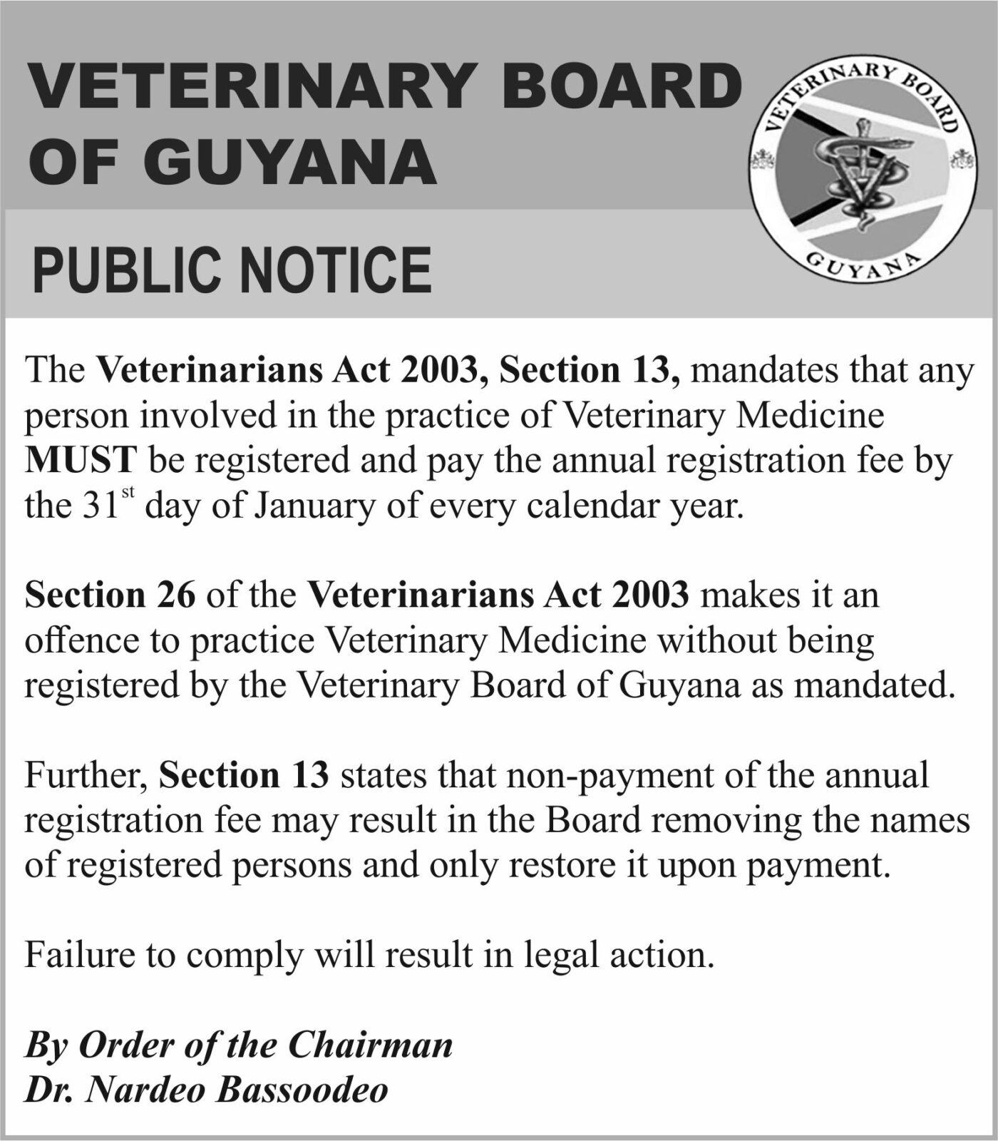 Veterinary Board of Guyana Public Notice Department of Public