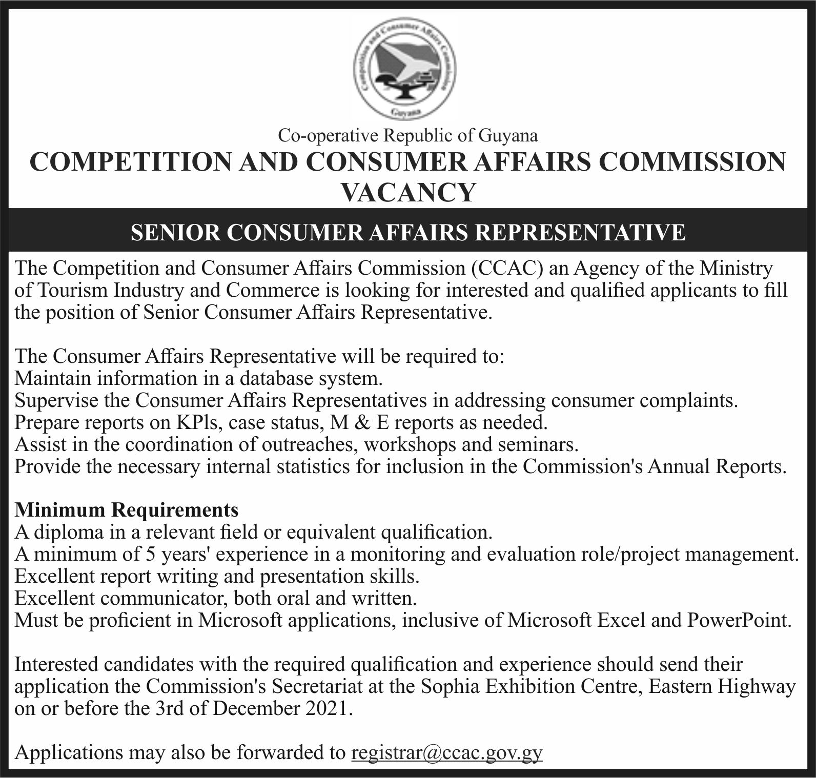 Competition and Consumer Affairs Commission Vacancy Department of