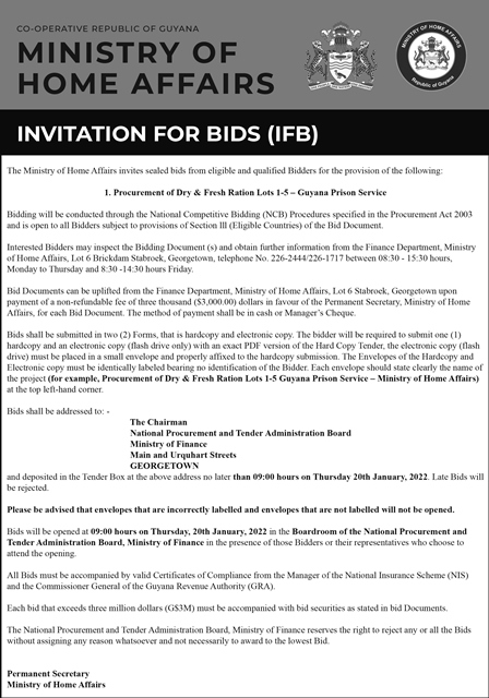 Ministry of Home Affairs – IFB – Procurement of Dry & Fresh Ration ...