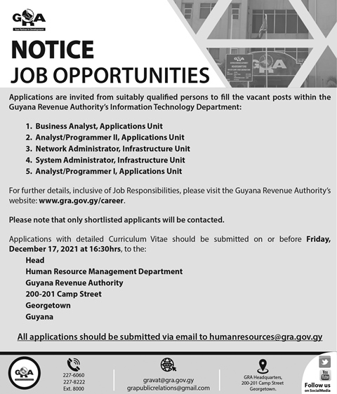 Guyana Revenue Authority – Notice – Job Opportunities – Department of