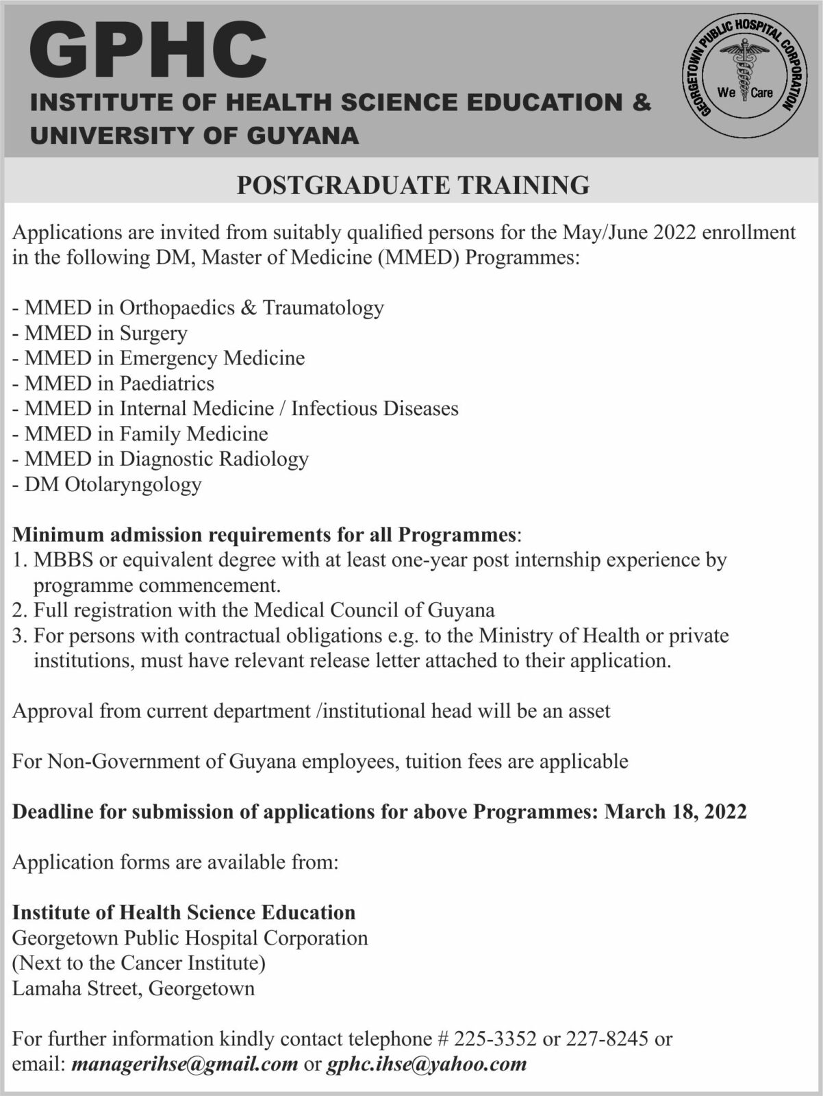 GPHC Institute of Health Science Education & UoG; Postgraduate Training Department of Public
