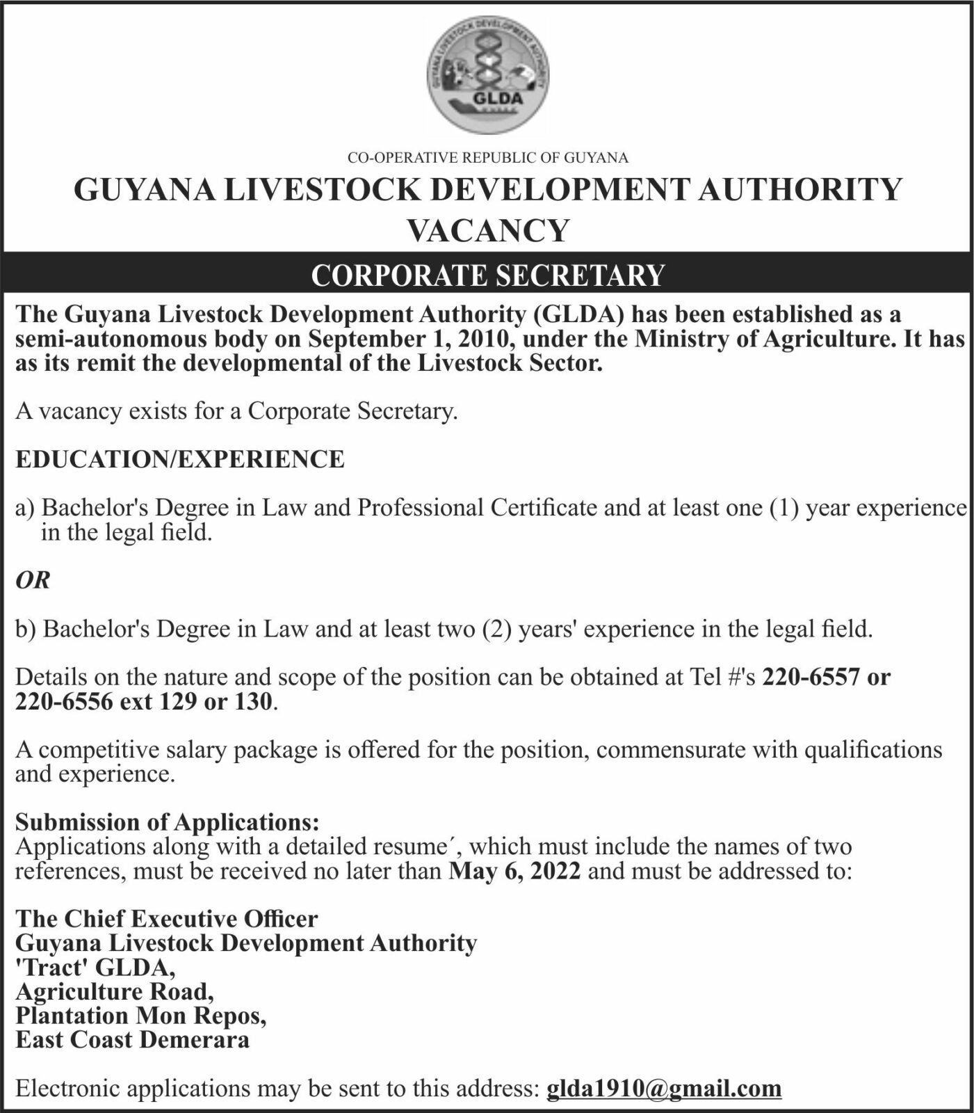 GLDA Vacancy; Corporate Secretary Department of Public Information