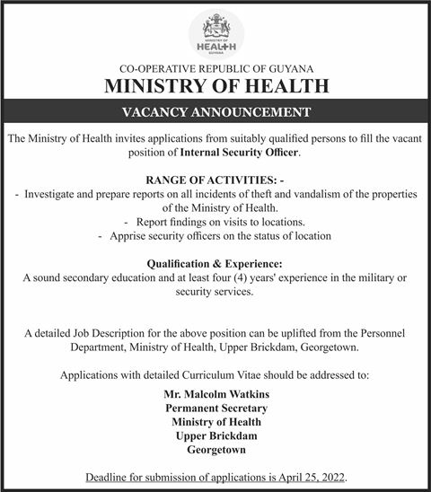 Ministry Of Health – Vacancy Announcement – Internal Security Officer ...