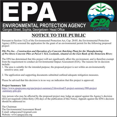 Environmental Protection Agency – Notice to the Public – Construction