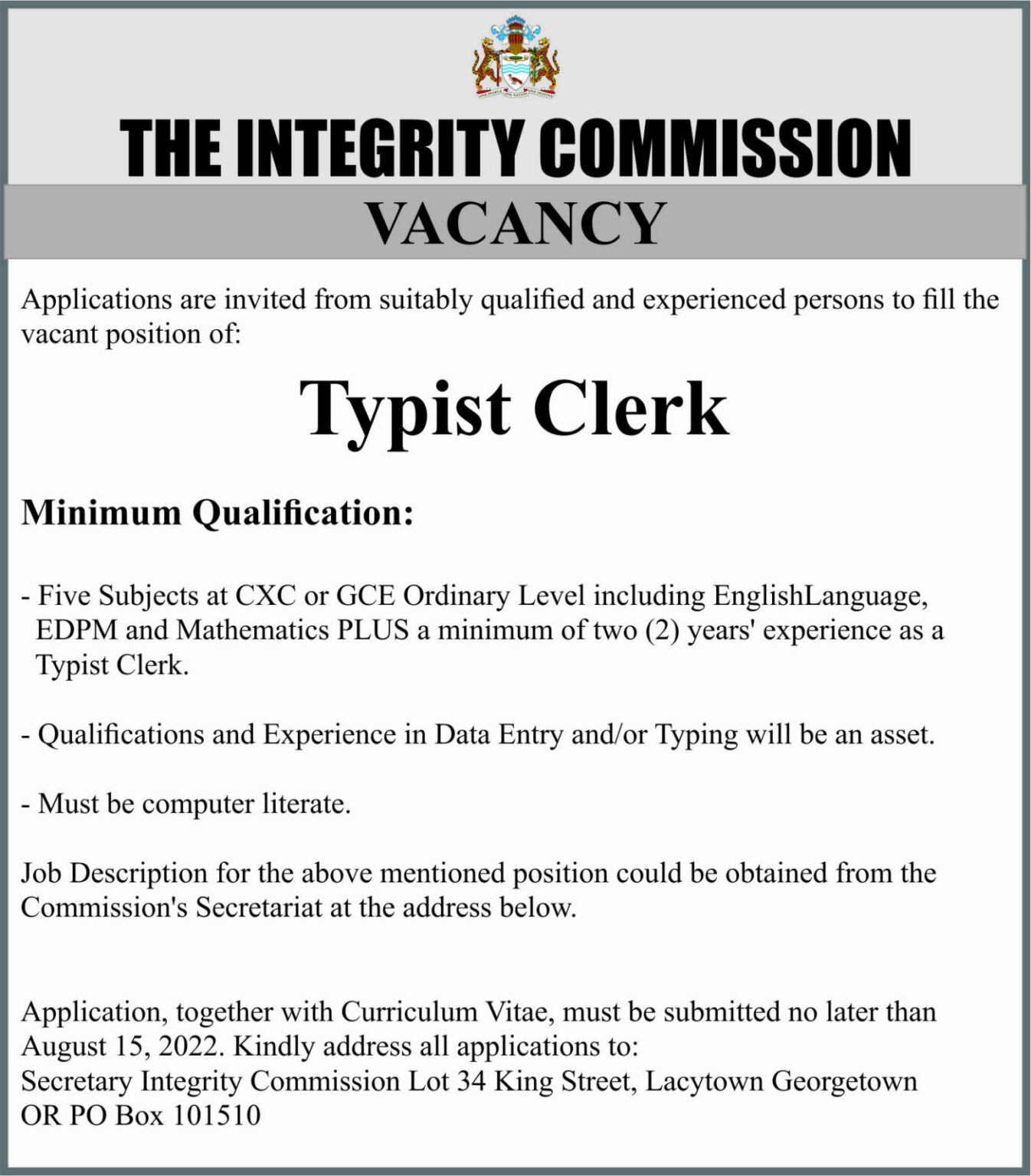 Vacancies Department of Public Information, Guyana