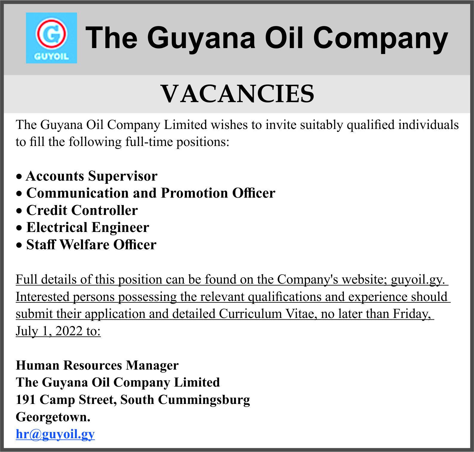 The Guyana Oil Company Vacancies Department of Public Information, Guyana