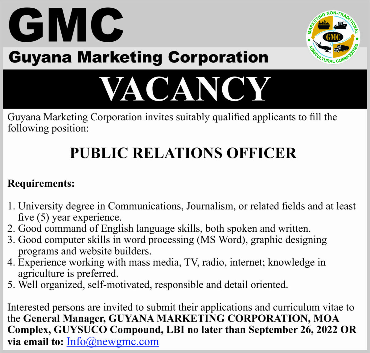 Vacancies Department of Public Information, Guyana