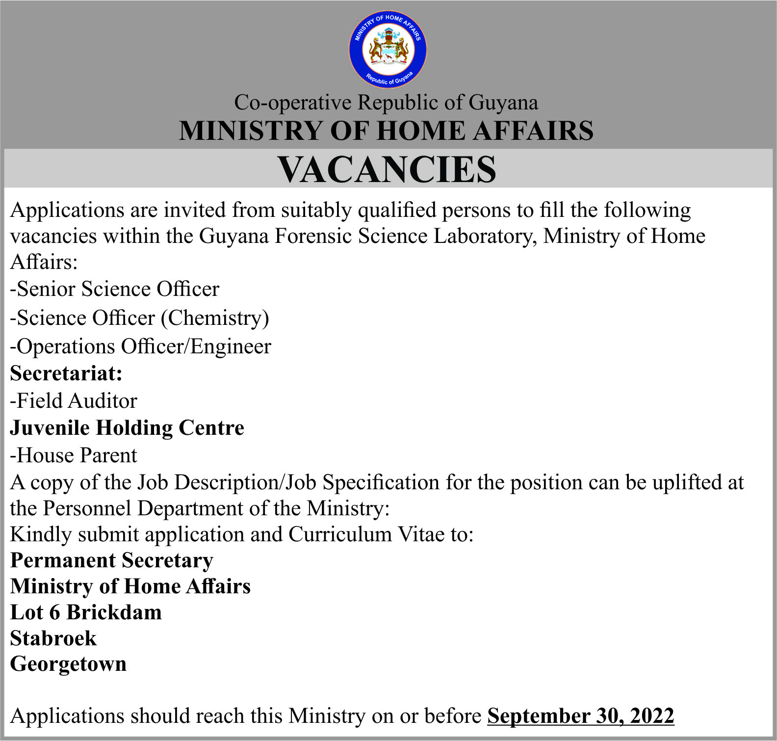 Ministry of Home Affairs – Vacancies – Senior Science Officer, Science