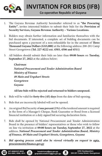 Guyana Revenue Authority – IFB – Provision of Security Services-Various