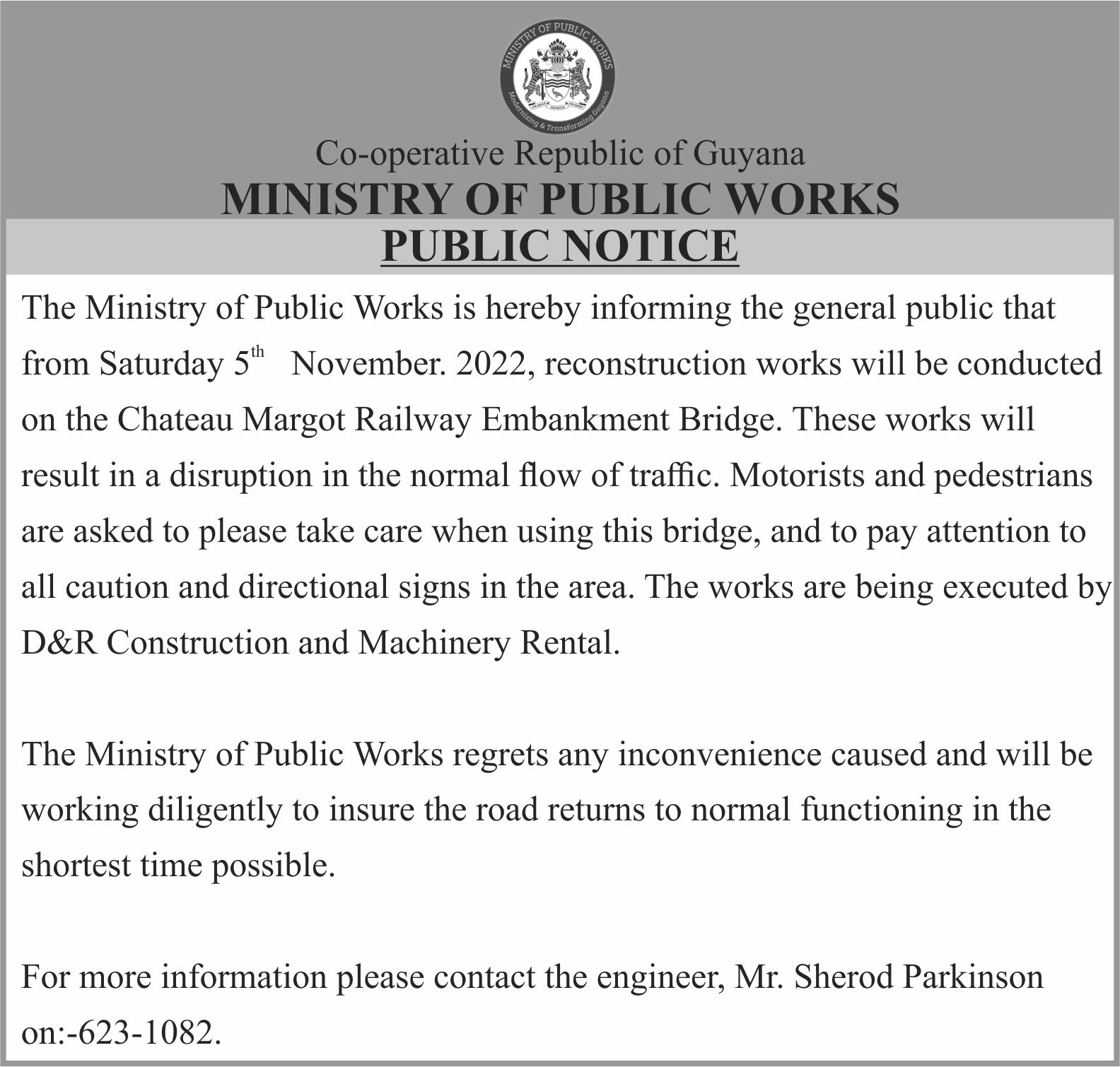 5in x 3col Ministry of Public Works press RELEASE
