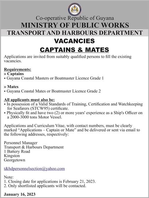 Ministry of Public Works/T&HD – Vacancies – Captains & Mates